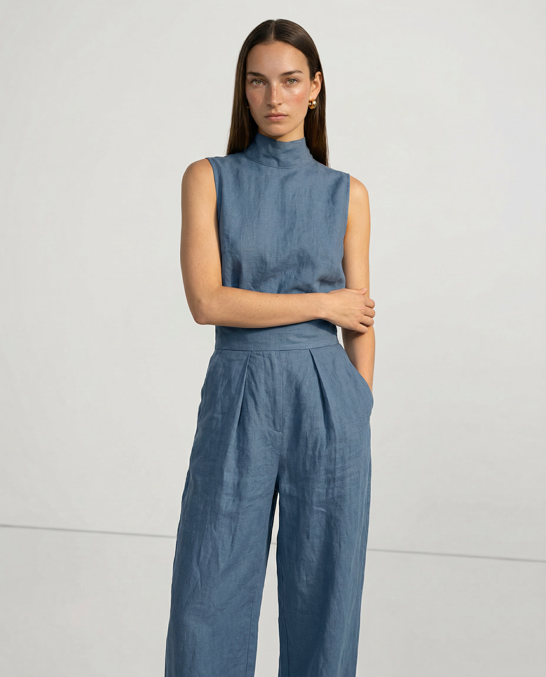 Linen Blend Mock Neck Trouser Set