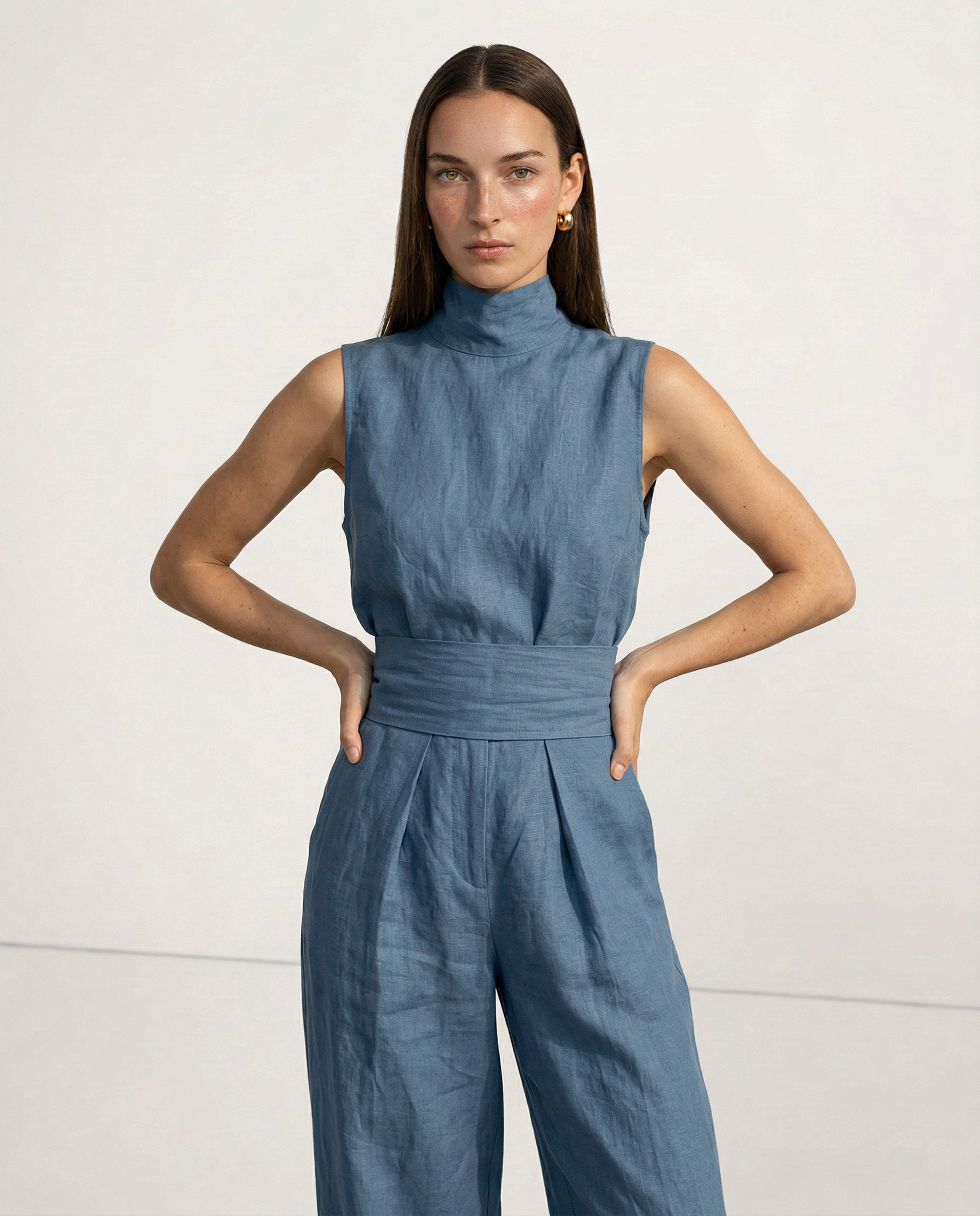 Linen Blend Mock Neck Trouser Set