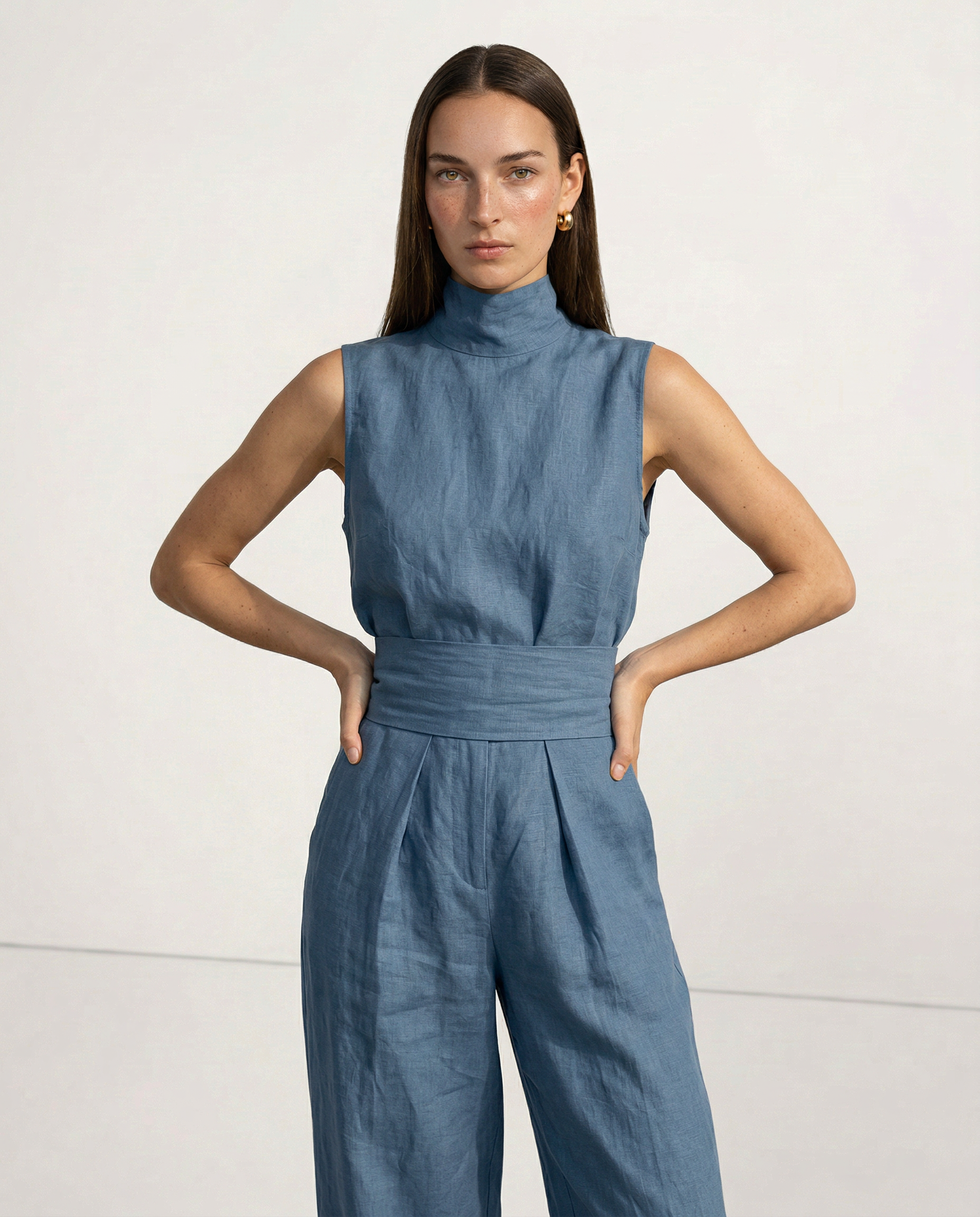 Linen Blend Mock Neck Trouser Set