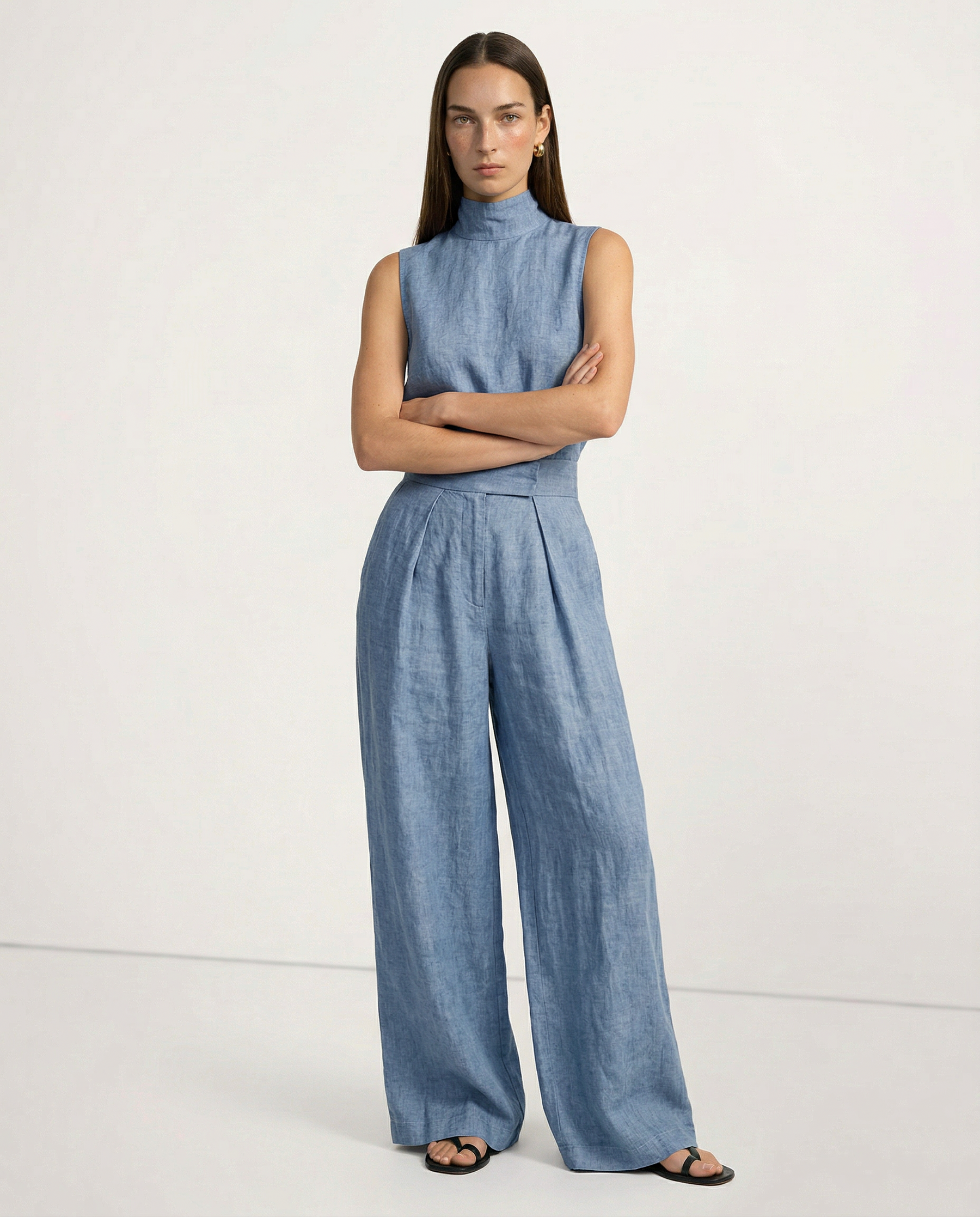 Linen Blend Mock Neck Trouser Set
