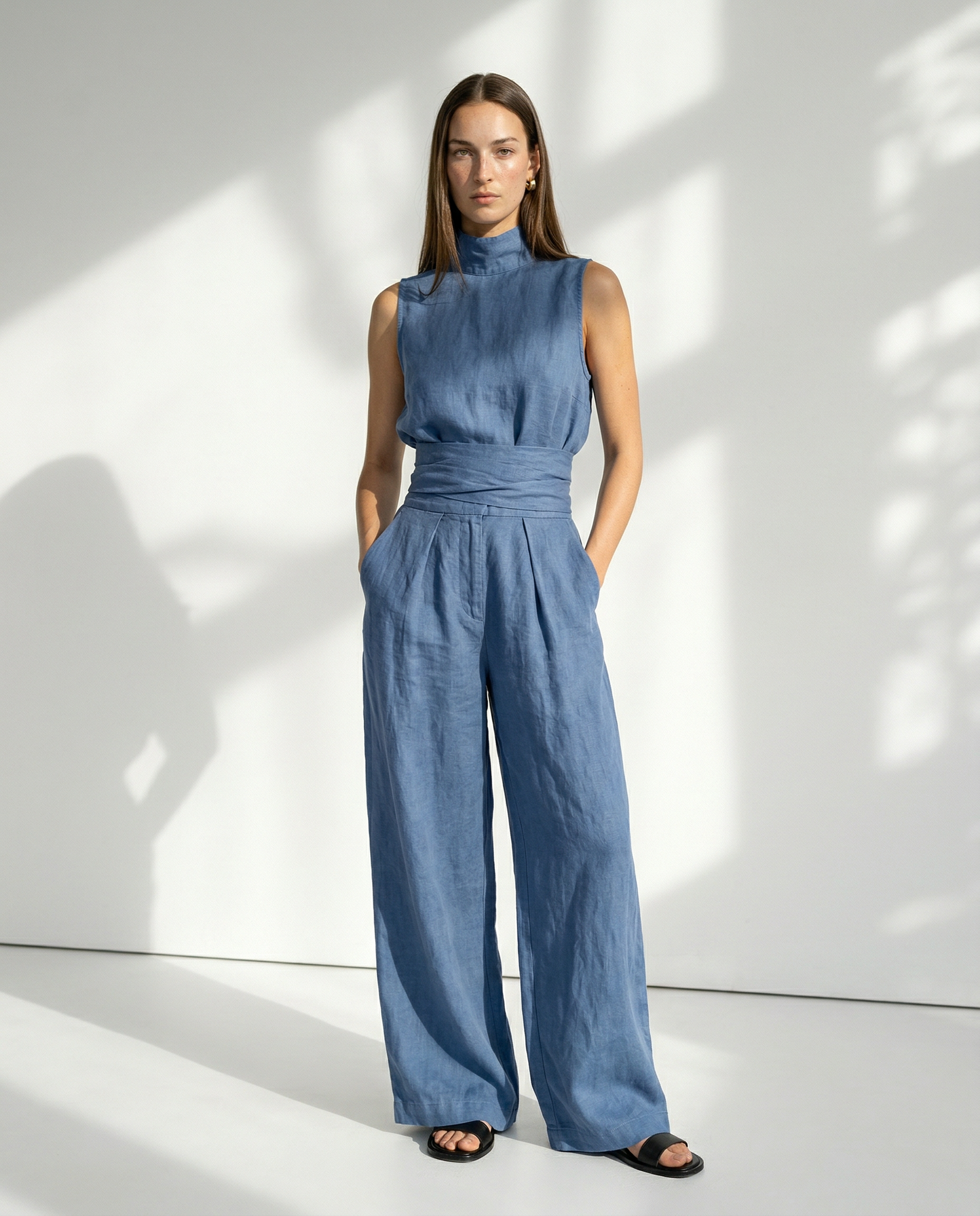 Linen Blend Mock Neck Trouser Set