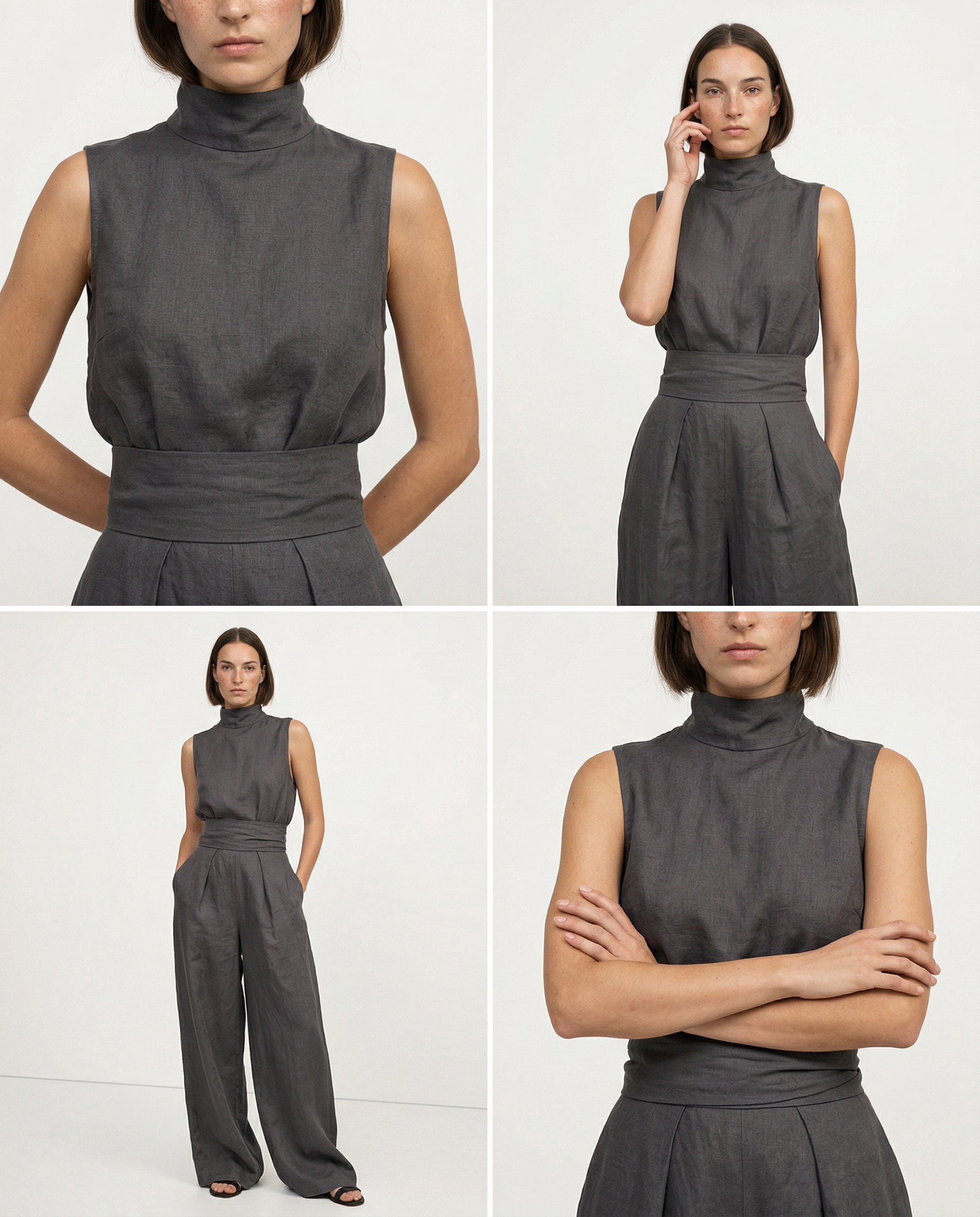 Linen Blend Mock Neck Trouser Set