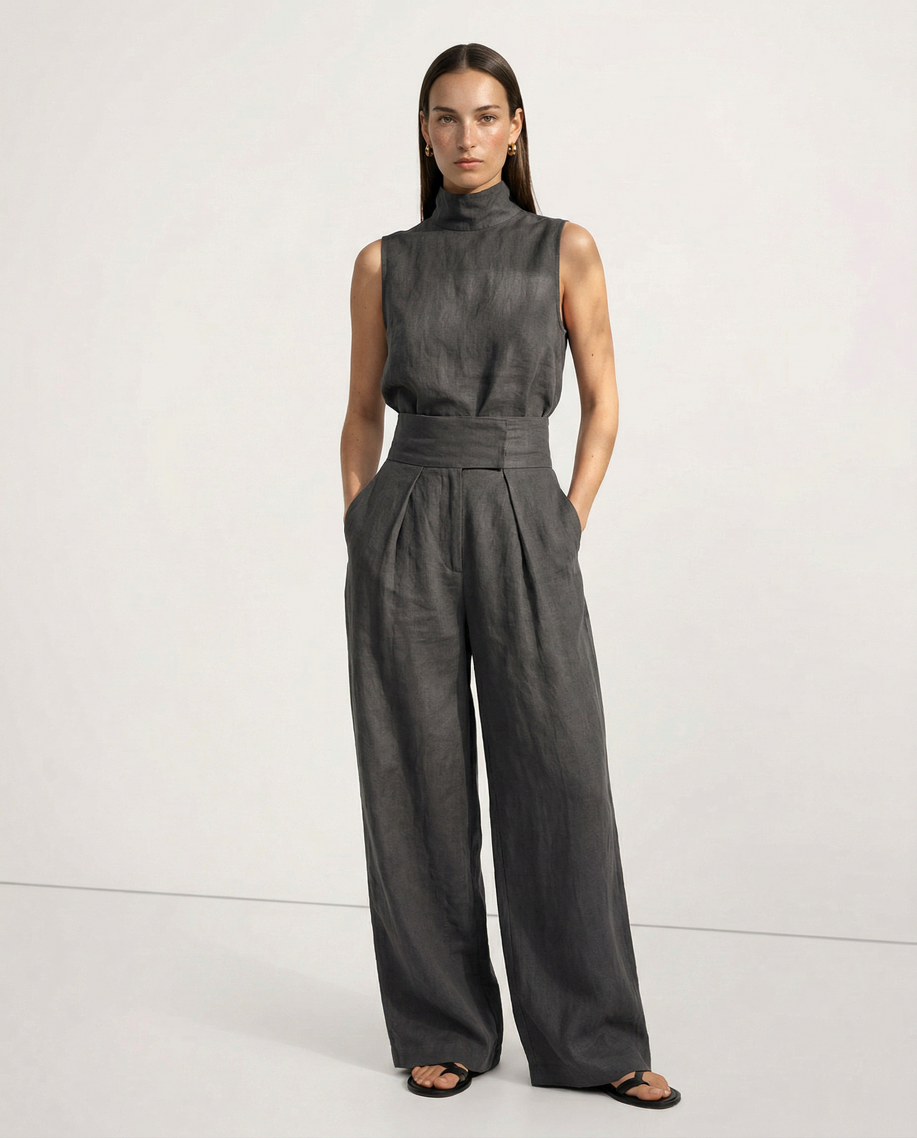 Linen Blend Mock Neck Trouser Set