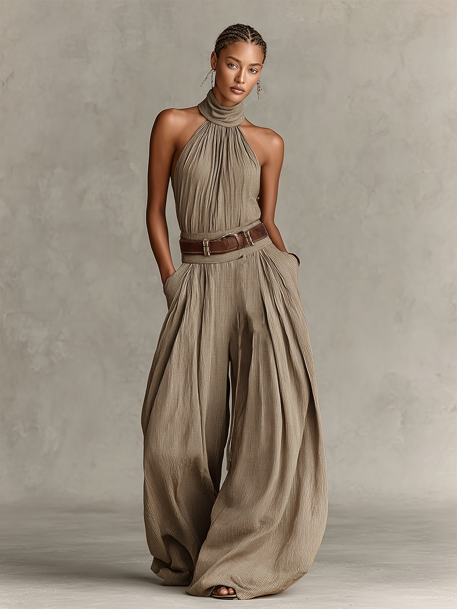 Women's Taupe Mixed Cotton Jumpsuit with American Collar and Wide Leg Silhouette, Timeless Boho-Elegant Style (Without Belt)