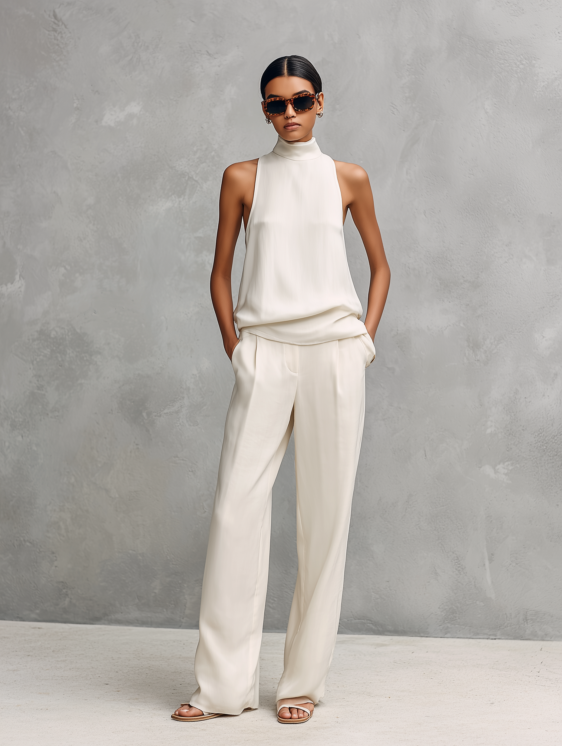 Women's Black Cotton and Linen Elegant Sleeveless Top and Pants Set