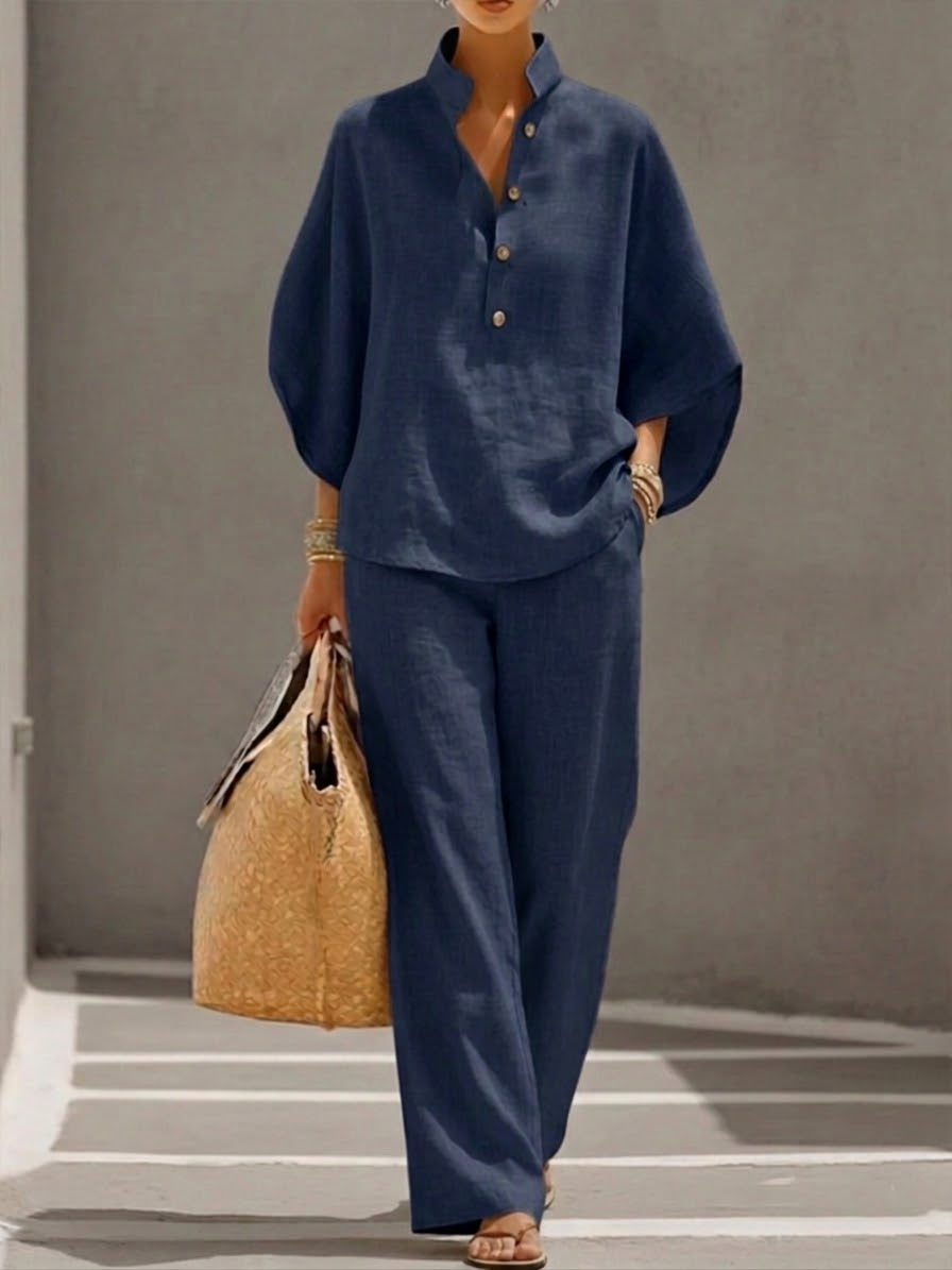 Mariel | Linen Set with Batwing Sleeves and Wide-Leg Pants
