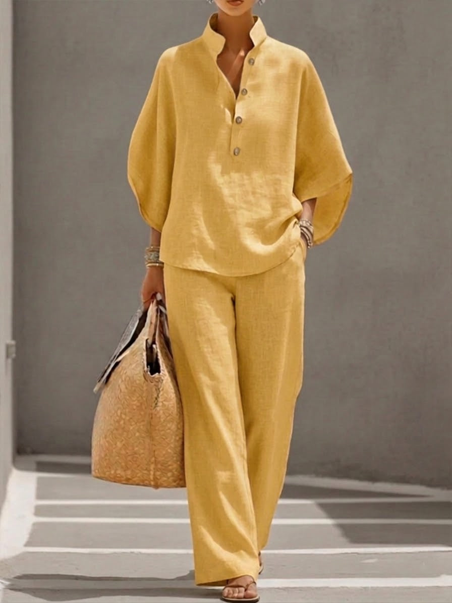 Mariel | Linen Set with Batwing Sleeves and Wide-Leg Pants
