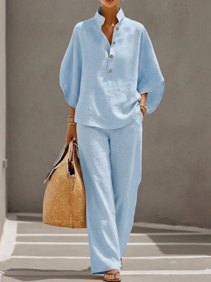 Mariel | Linen Set with Batwing Sleeves and Wide-Leg Pants