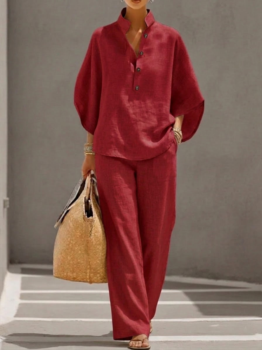 Mariel | Linen Set with Batwing Sleeves and Wide-Leg Pants