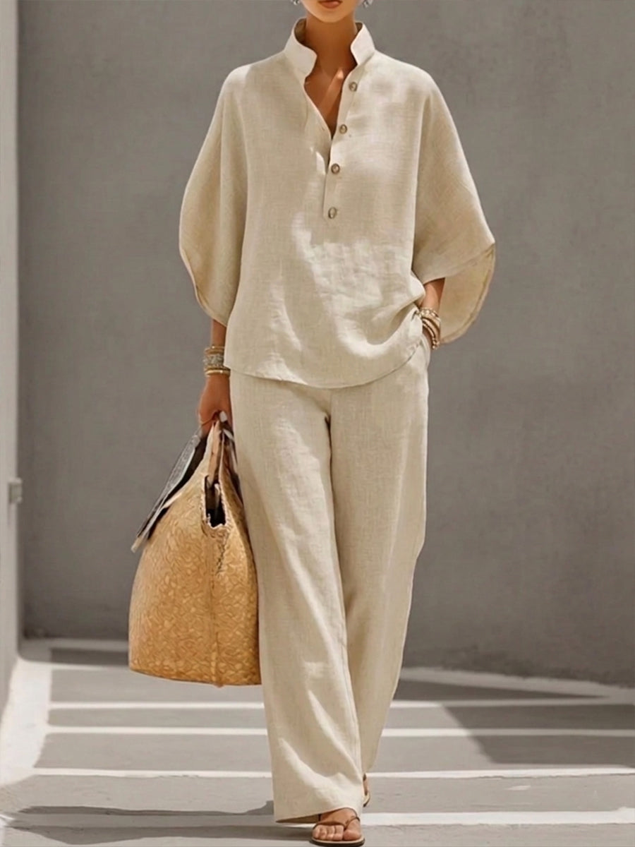 Mariel | Linen Set with Batwing Sleeves and Wide-Leg Pants