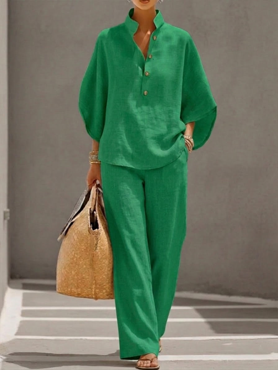 Mariel | Linen Set with Batwing Sleeves and Wide-Leg Pants