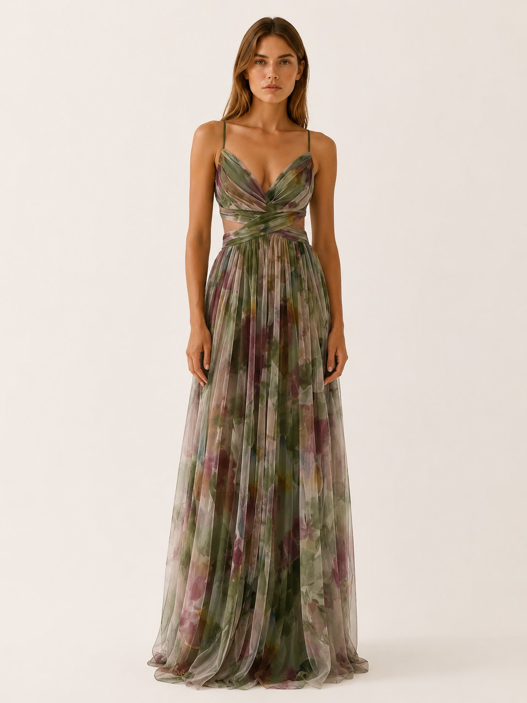 Chloe | Women's Floral V-Neck Slim-Strap Wedding Guest Maxi Dresses