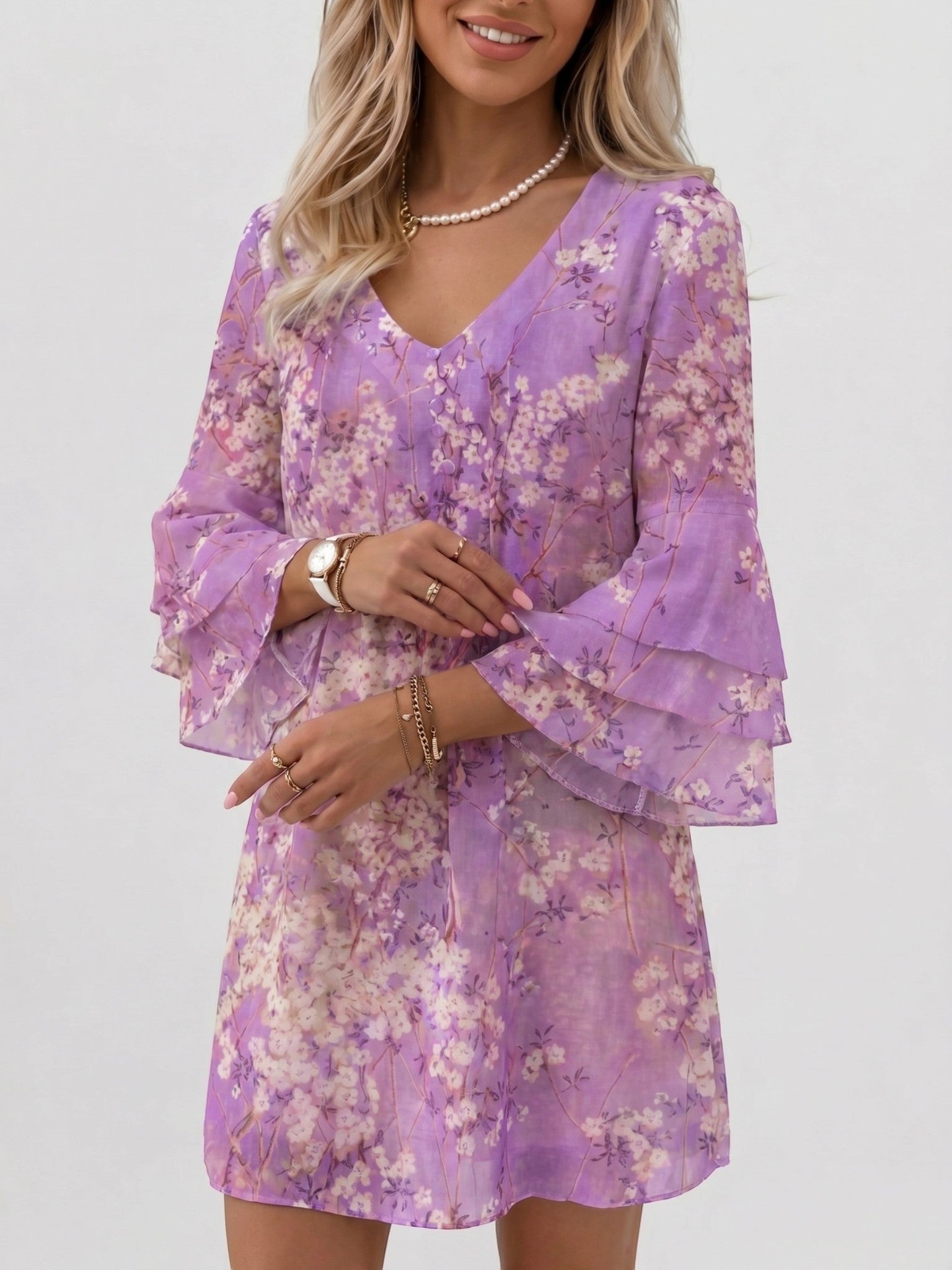 Women's Marble Print Mini Dress | Flowy Relaxed Summer Dress with Flare Sleeves