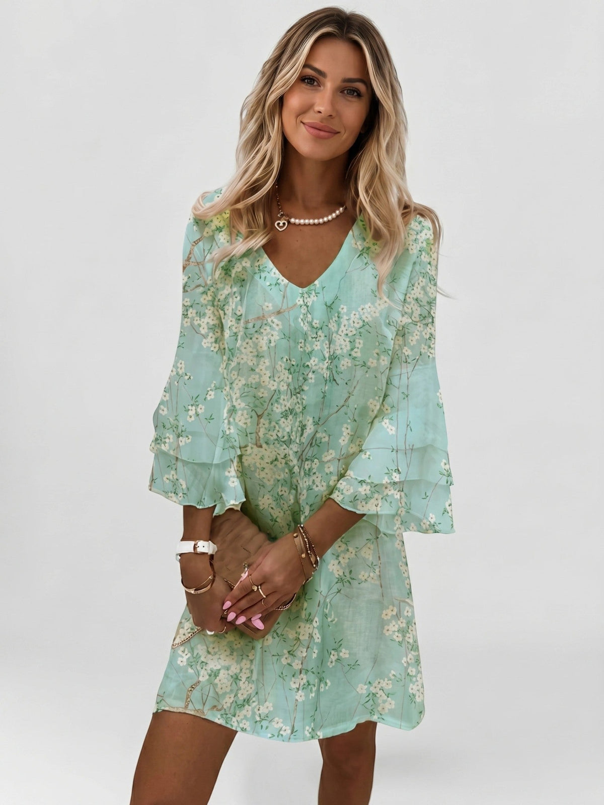 Women's Marble Print Mini Dress | Flowy Relaxed Summer Dress with Flare Sleeves