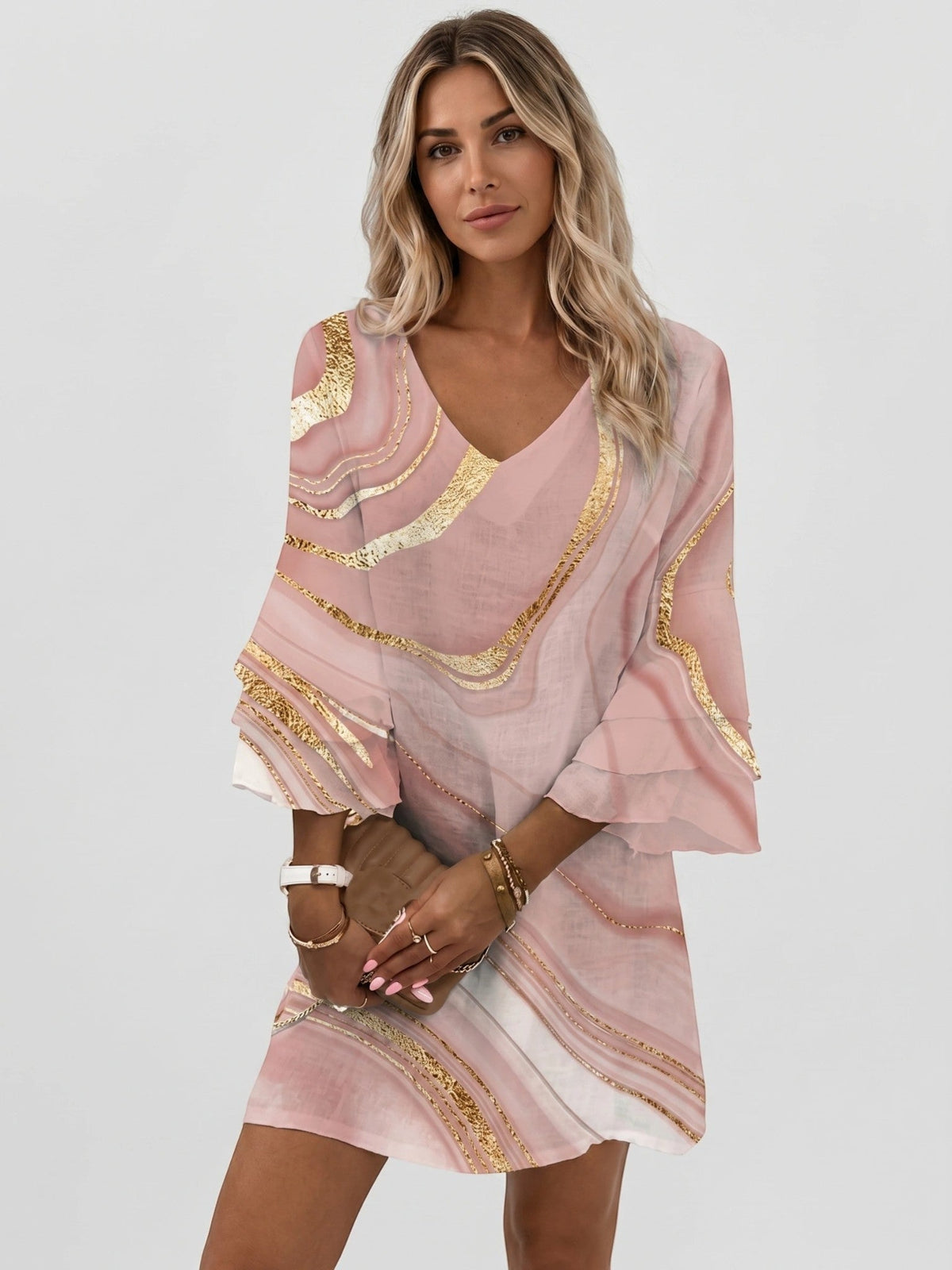 Women's Marble Print Mini Dress | Flowy Relaxed Summer Dress with Flare Sleeves