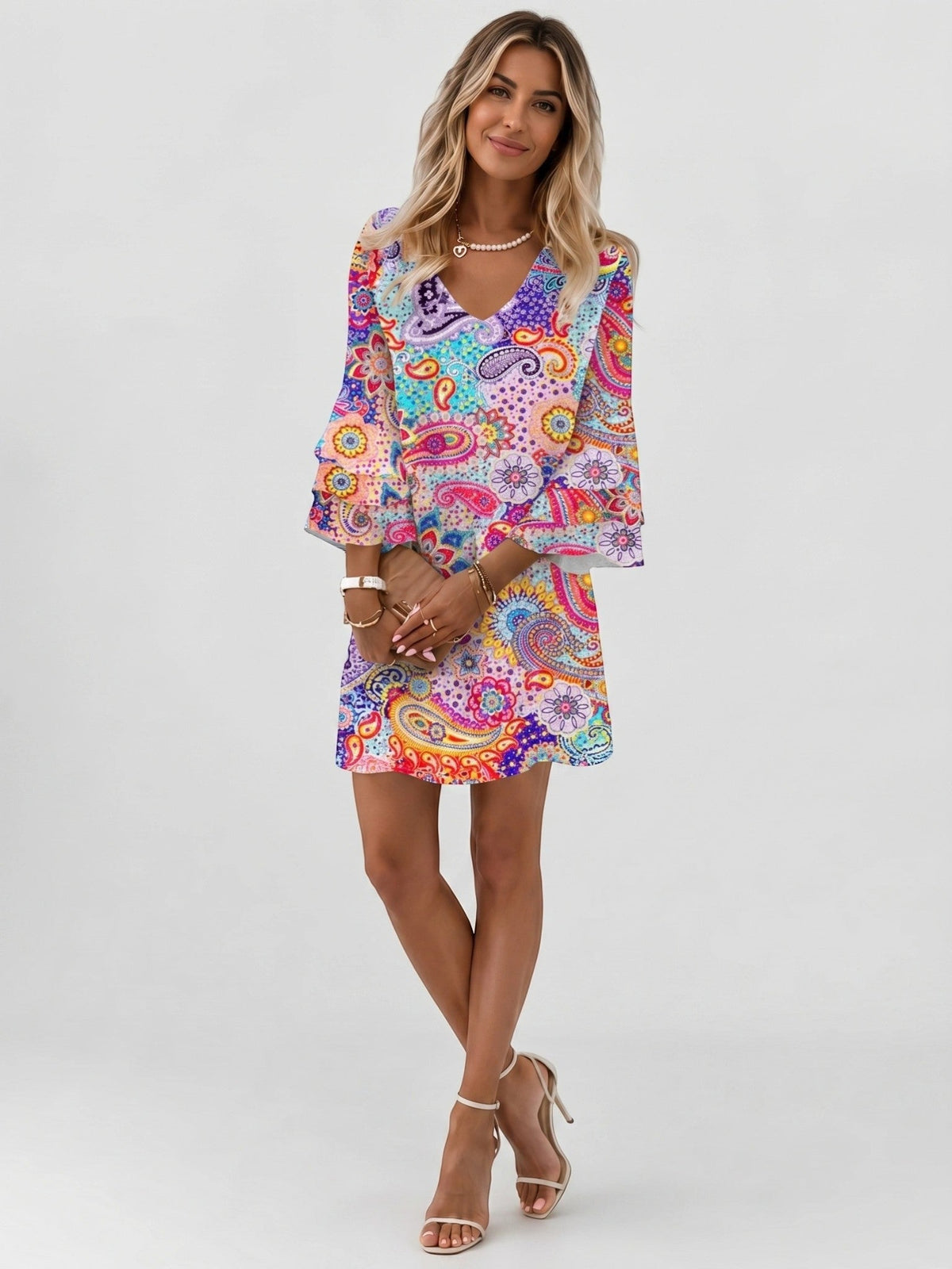 Women's Marble Print Mini Dress | Flowy Relaxed Summer Dress with Flare Sleeves