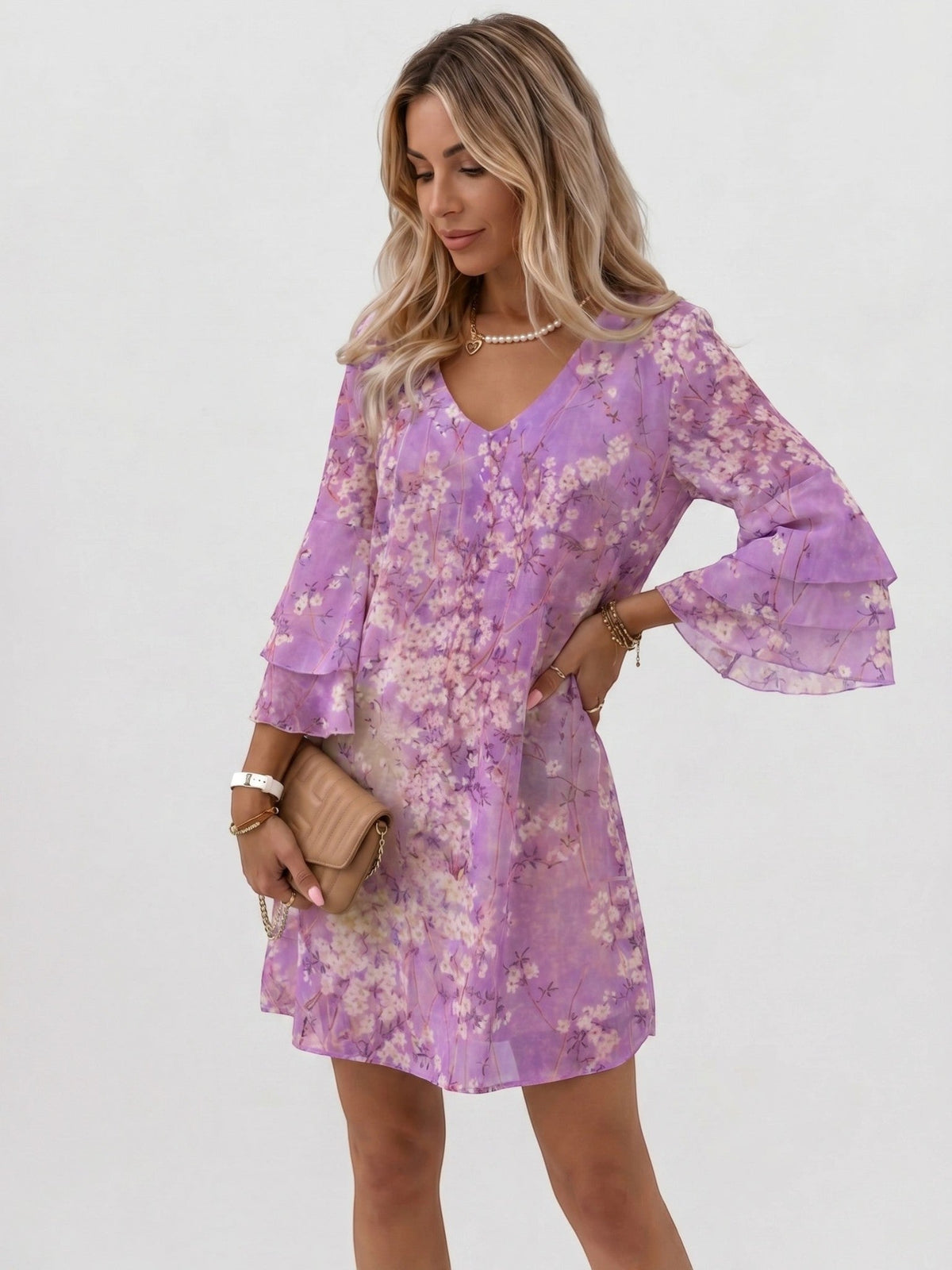 Women's Marble Print Mini Dress | Flowy Relaxed Summer Dress with Flare Sleeves