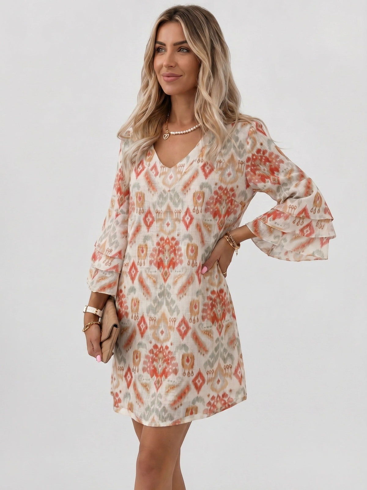 Women's Marble Print Mini Dress | Flowy Relaxed Summer Dress with Flare Sleeves