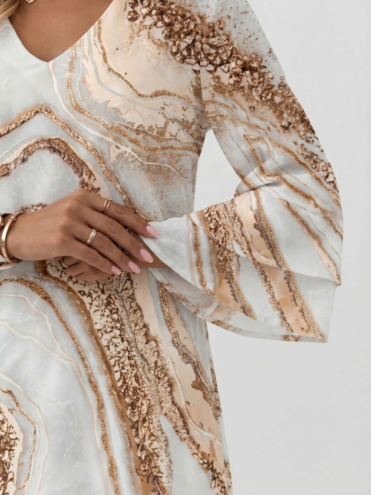 Women's Marble Print Mini Dress | Flowy Relaxed Summer Dress with Flare Sleeves