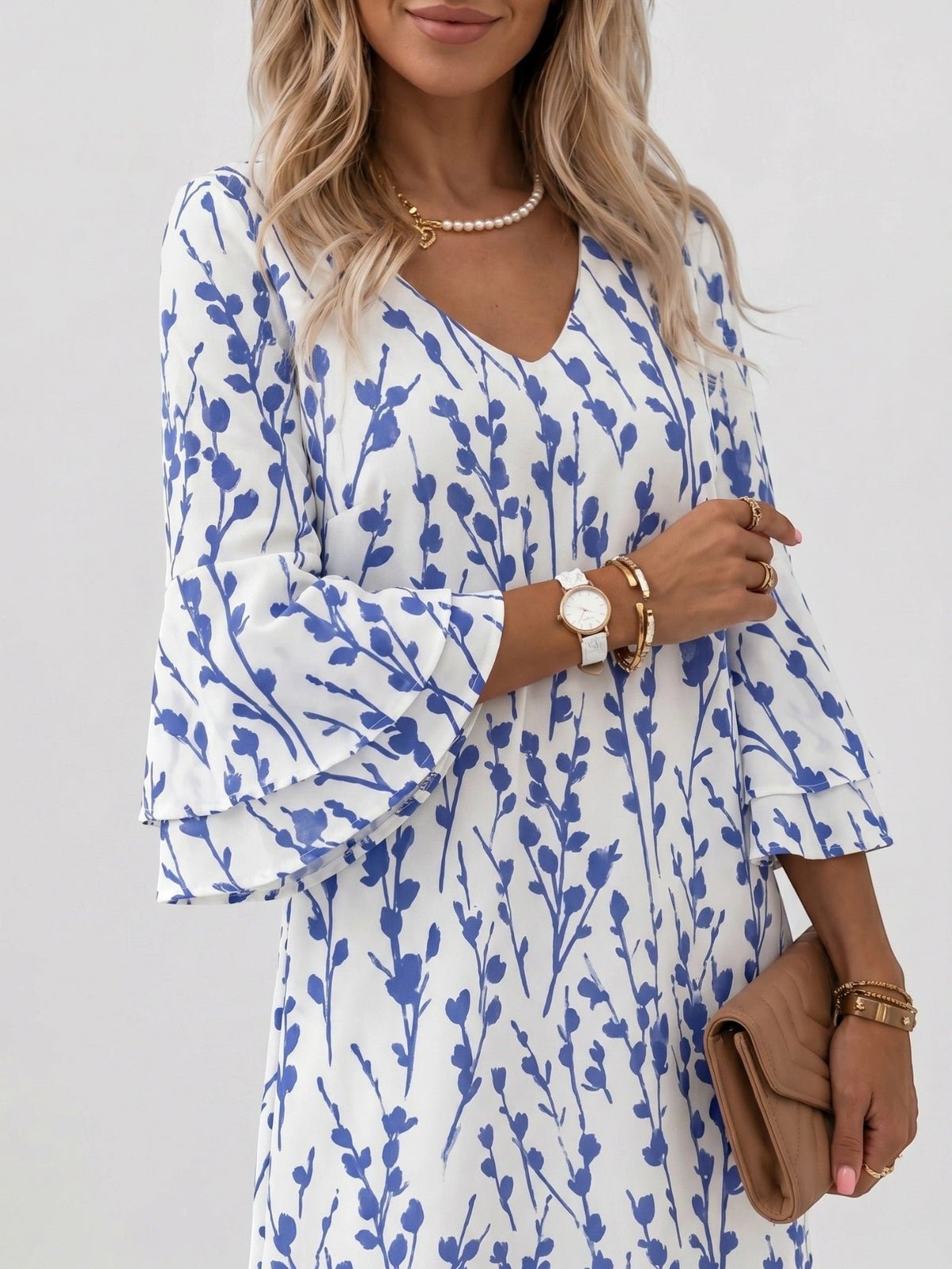 Women's Marble Print Mini Dress | Flowy Relaxed Summer Dress with Flare Sleeves