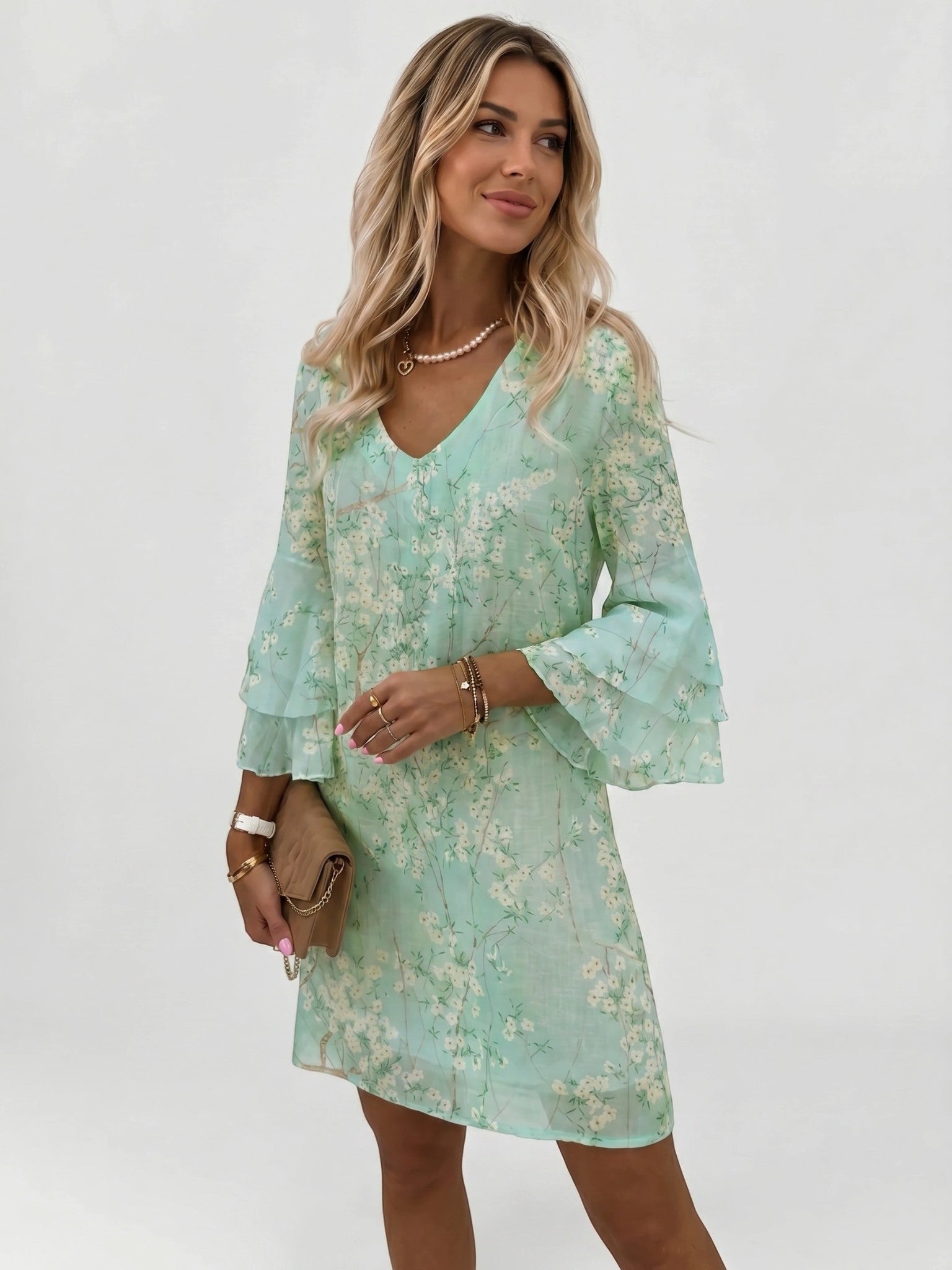 Women's Marble Print Mini Dress | Flowy Relaxed Summer Dress with Flare Sleeves