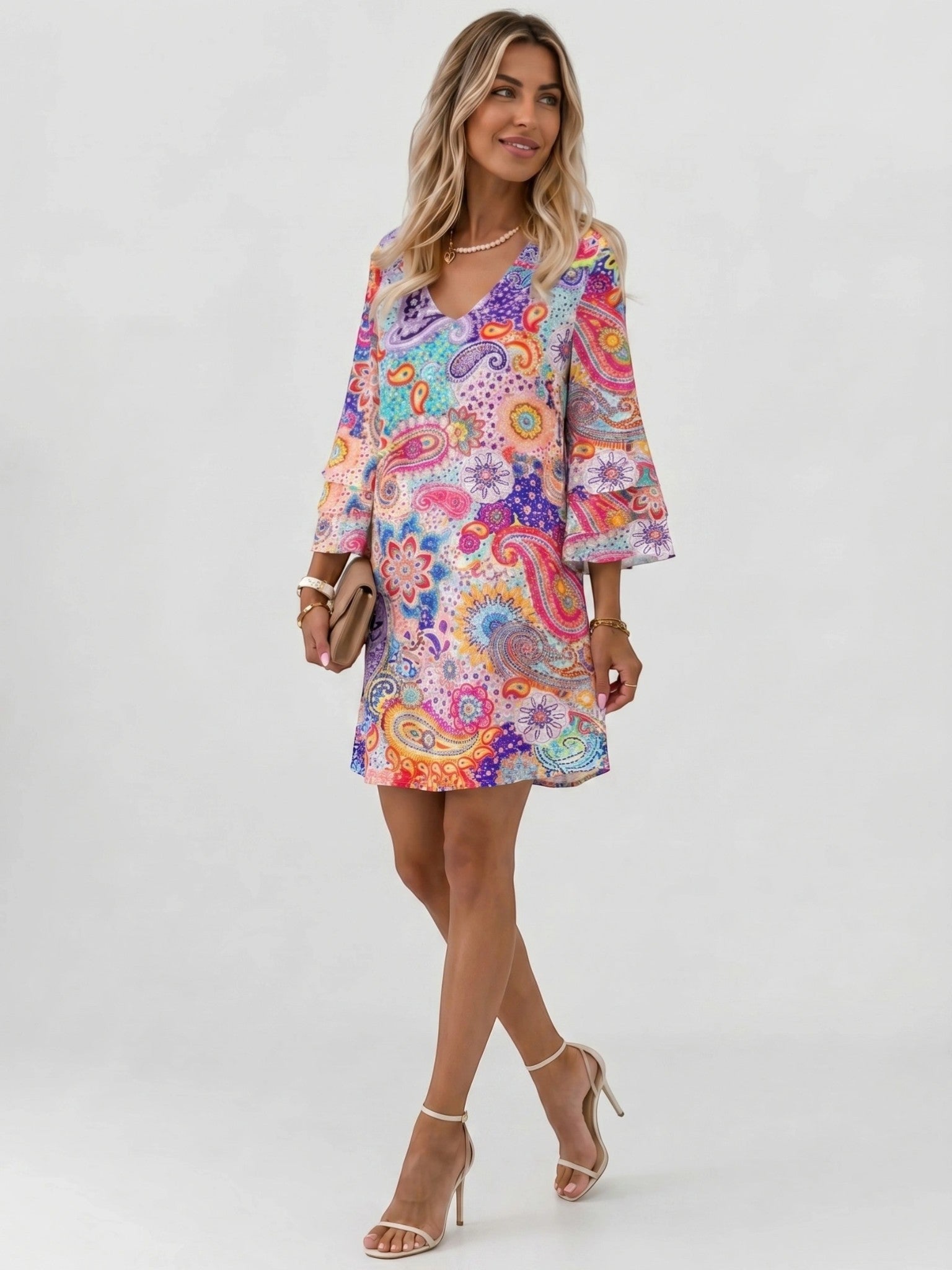 Women's Marble Print Mini Dress | Flowy Relaxed Summer Dress with Flare Sleeves