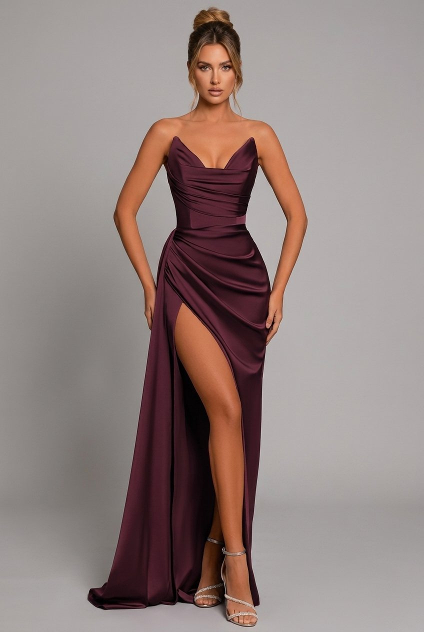 Sophia | Women's Strapless Ruched Satin Maxi Formal Dress High Slit