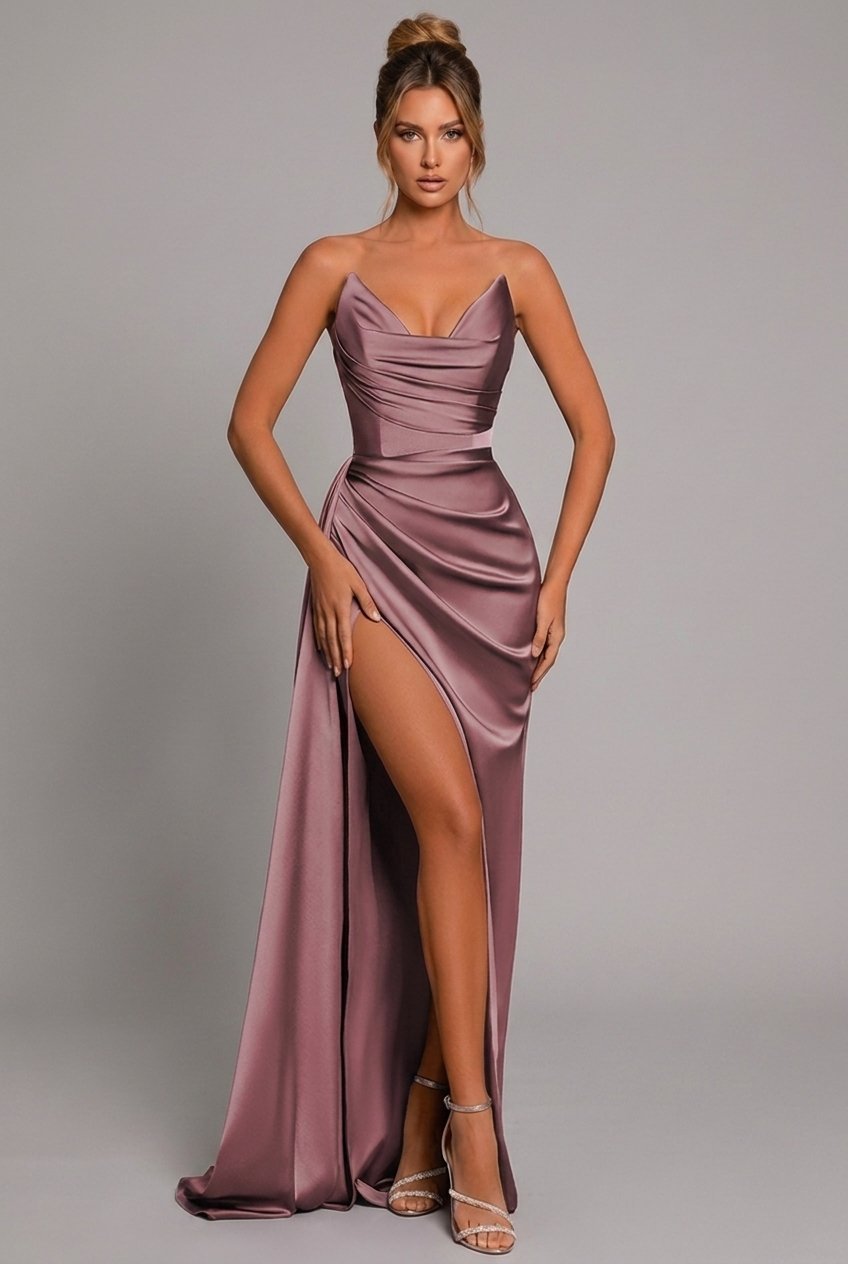 Sophia | Women's Strapless Ruched Satin Maxi Formal Dress High Slit