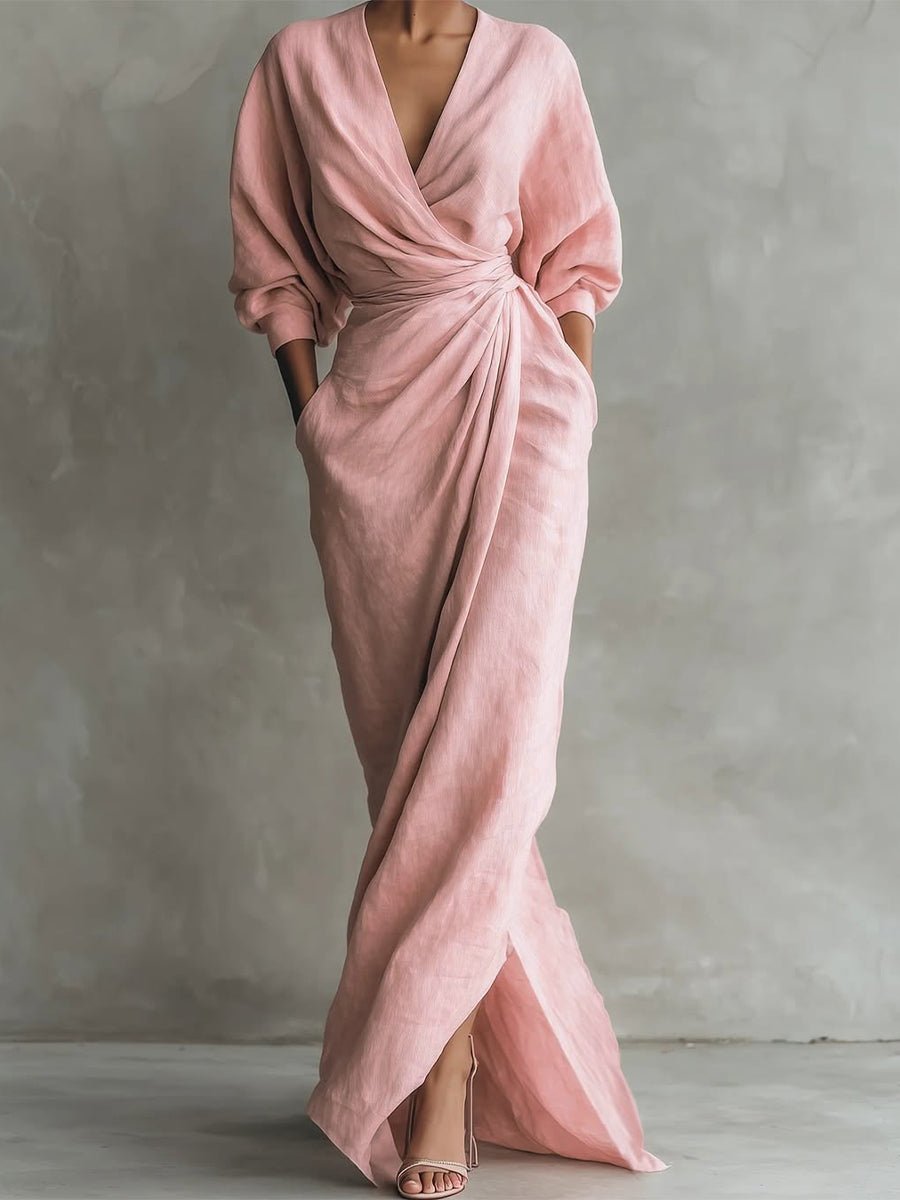 Olivia | Women's Wrap Maxi V Neck Dress Ruched 3/4 Sleeve