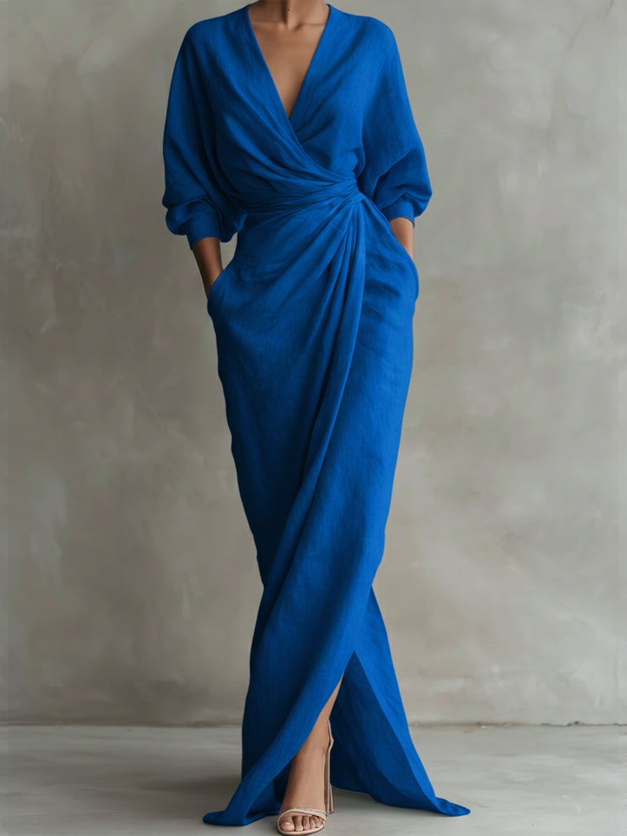 Olivia | Women's Wrap Maxi V Neck Dress Ruched 3/4 Sleeve
