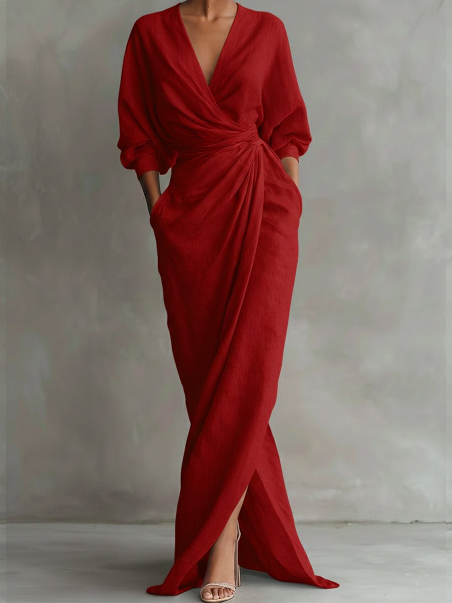 Olivia | Women's Wrap Maxi V Neck Dress Ruched 3/4 Sleeve