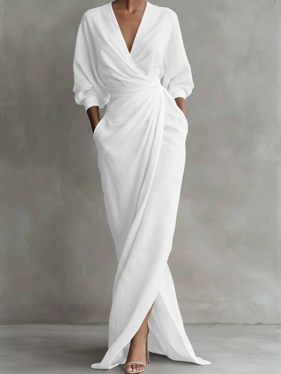 Olivia | Women's Wrap Maxi V Neck Dress Ruched 3/4 Sleeve