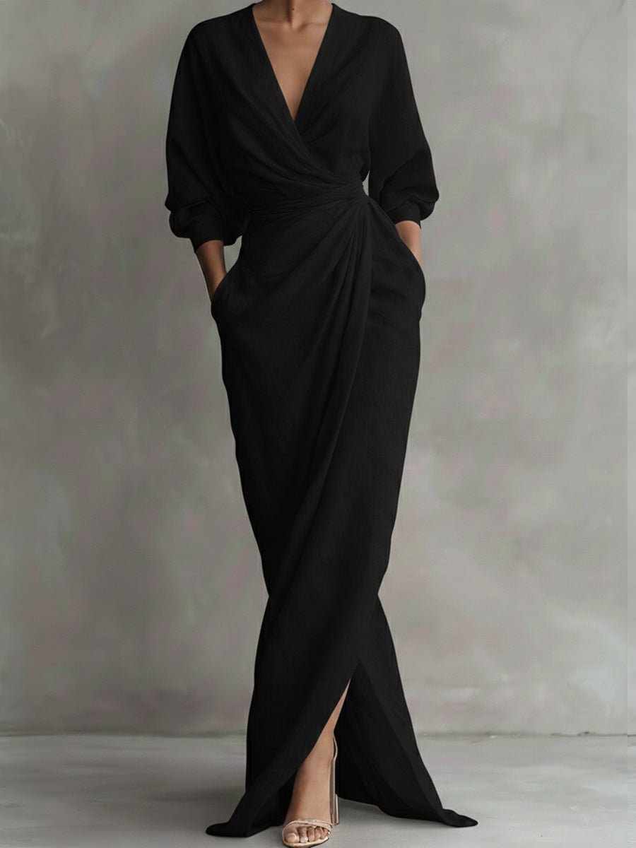 Olivia | Women's Wrap Maxi V Neck Dress Ruched 3/4 Sleeve