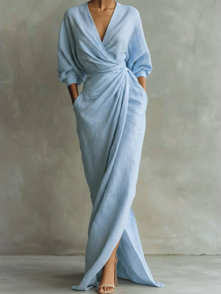 Olivia | Women's Wrap Maxi V Neck Dress Ruched 3/4 Sleeve