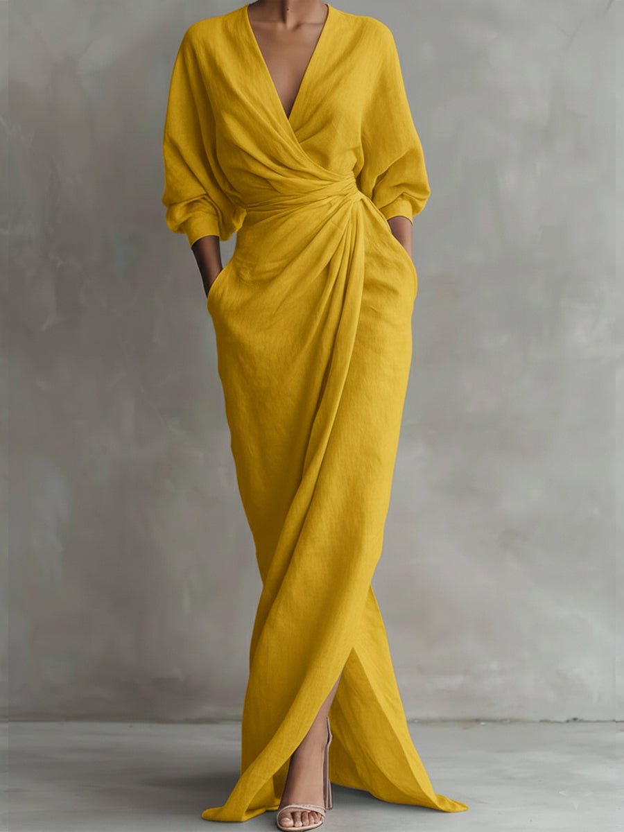 Olivia | Women's Wrap Maxi V Neck Dress Ruched 3/4 Sleeve